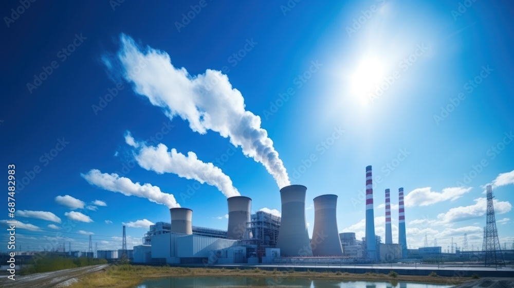 Power plant with smoking chimneys on a background of blue sky 