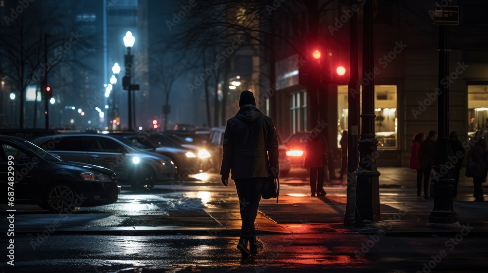 Back of man walking at cityscape, big city at night