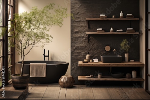 Japandi style bathroom with dark furniture. Interior design with tranquil ambiance