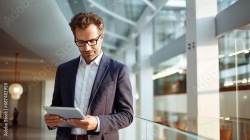 portrait of man and tablet in office for engineering, fresh face, bright tones 