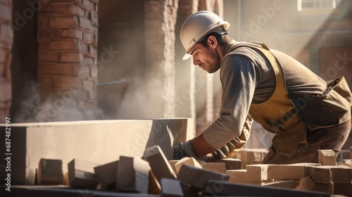 Worker is working with concrete,Professional worker using pan knife for building brick walls with cement  photo