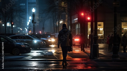 Back of man walking at cityscape, big city at night © CStock