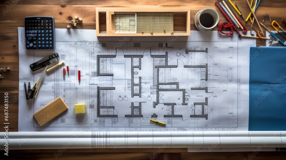 Top-down view blueprints and engineering tools on wooden desk, copy space, Top-down view blueprints and engineering tools on wooden desk, copy space,