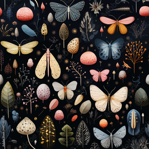 Seamless pattern with insects, herbs and butterflies 