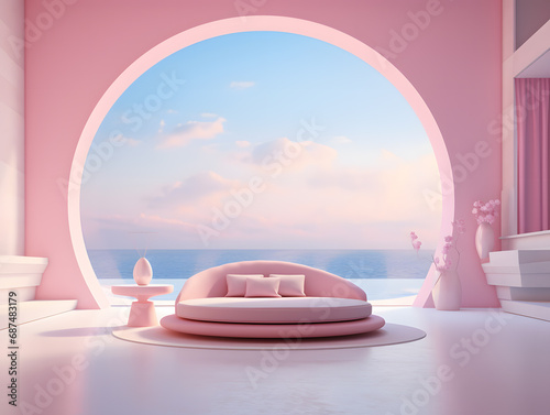 Fototapeta Naklejka Na Ścianę i Meble -  3d rendering of a pink future bedroom with a large window overlooking the sea