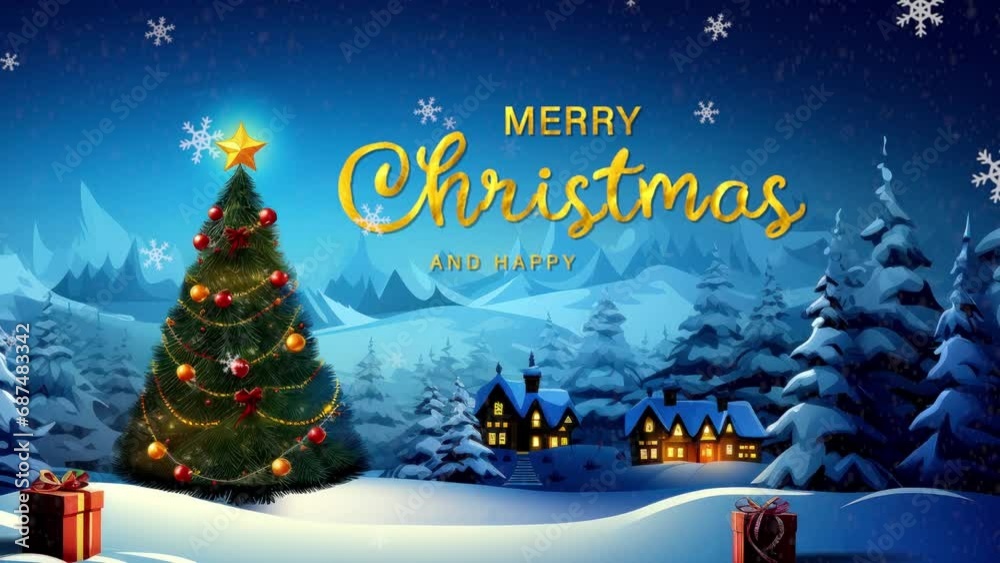 Merry Christmas greetings card, animated greetings card, Christmas tree and snowflakes Merry Christmas greetings card, animated greetings card, Christmas tree and snowflakes