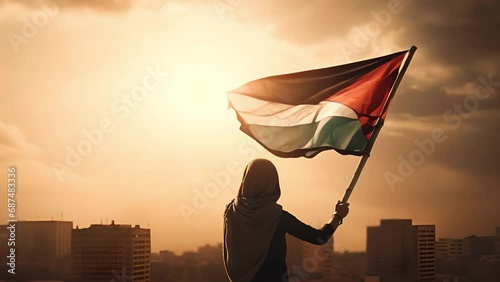 Flag waving in the wind A woman holds the Flag of Palestine, Palestinian flag in front of the city. Concept for freedom,conflict Israel and Palestine. Demonstration woman resists photo