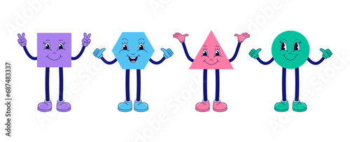 Geometric shapes in a funny cartoon style. Simple and cute. Square, polygon, circle, triangle with happy faces. Educational content for kids.