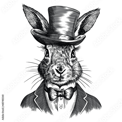Portrait of a rabbit hare in a suit with a bow tie and a top hat on his head. Drawing stylized as a vintage engraving.