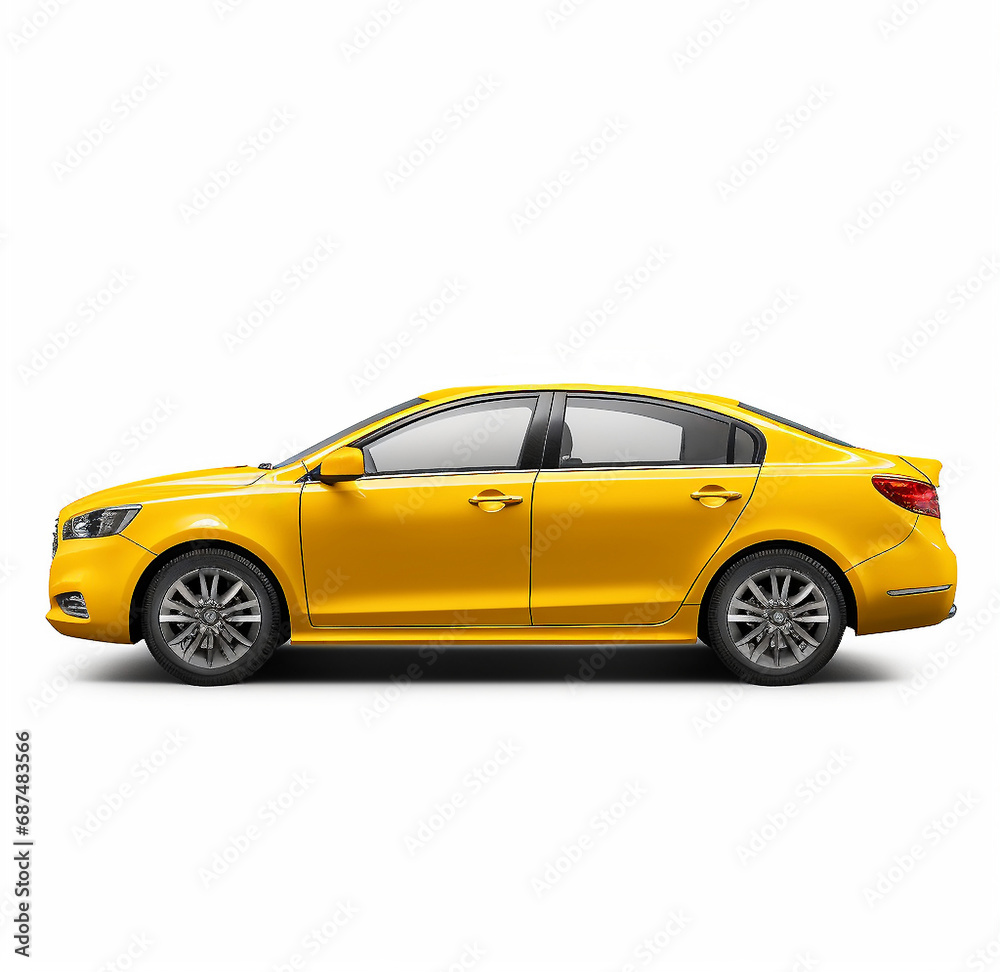 Yellow modern taxi car model isolated on white background. Yellow city car with blank surface for your creative design. cut out. Side view. nobody. mockup. Generative ai.
