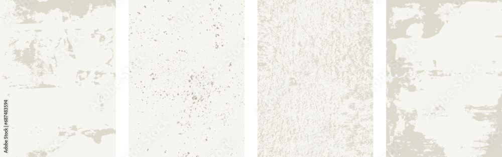 Set of vector grungy light grey color textures for your design. Dusty scratchy ripped paper surface. Grunge texture set for collage, placard, brochure, package, photo overlay, social media background