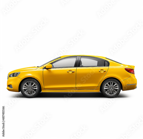 Yellow modern taxi car model isolated on white background. Yellow city car with blank surface for your creative design. cut out. Side view. nobody. mockup. Generative ai. © Maxim Chuev