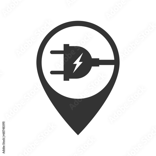 Car charging station on map pointer graphic icon. Charging point sign isolated on white background. Vector illustration