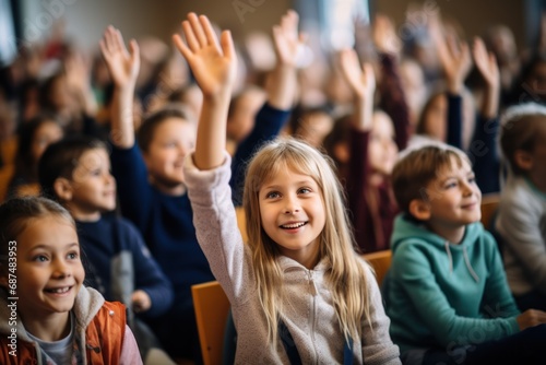 Education, elementary school, learning and people concept. group of school kids with teacher sitting in classroom and raising hands