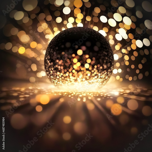 Sparkling disco ball , luxurious dark background, sparkling flying sparkles, bokeh. Template creative holiday design
