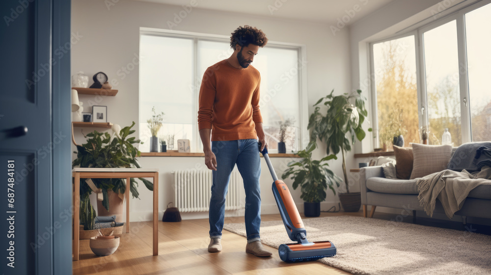 Person using a handheld cordless vacuum cleaner to tidy up the living room, emphasizing domestic cleanliness and modern home maintenance. - obrazy, fototapety, plakaty 
