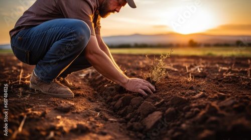 Farmer crouched down, working the soil with his hands, planting or tending to crops in a field at sunset, reflecting the hard work of agriculture. photo