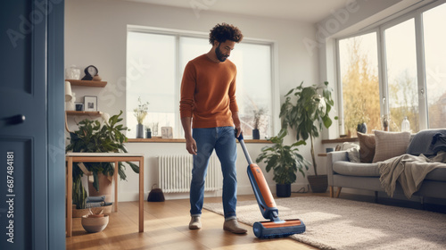 Person using a handheld cordless vacuum cleaner to tidy up the living room, emphasizing domestic cleanliness and modern home maintenance. photo