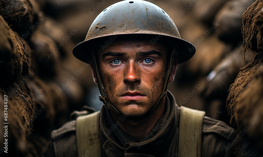 Solemn soldier in World War uniform standing in the trenches, intense gaze reflecting the gravity of military service and the historical impact of global conflict