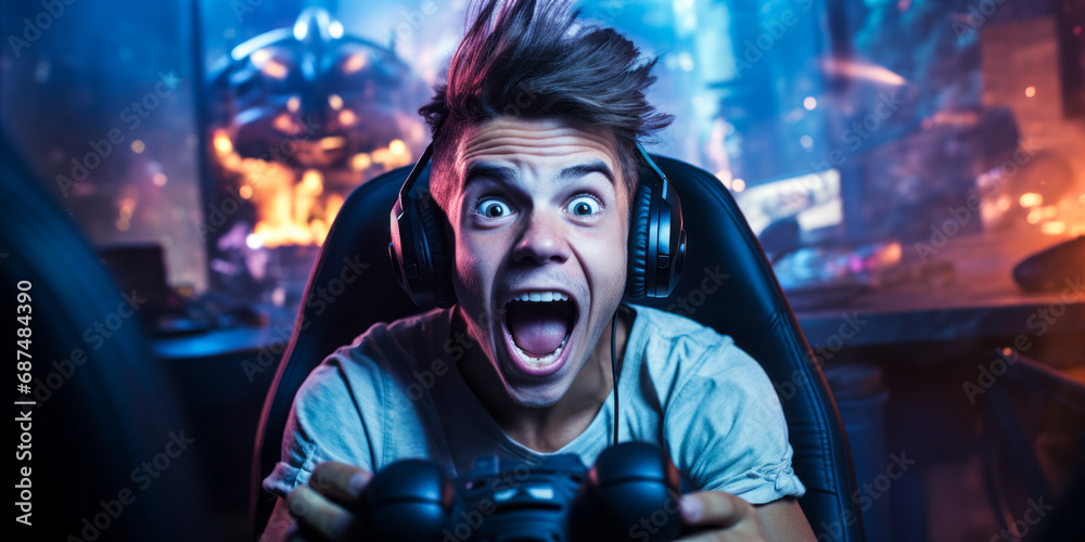 Excited young gamer with intense expression playing video games in a dark room illuminated by screen glow, the epitome of immersive gaming experience Excited young gamer with intense expression playing video games in a dark room illuminated by screen glow, the epitome of immersive gaming experience