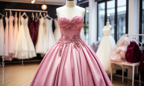 Elegant pink strapless ball gown on mannequin in a bridal boutique with various wedding dresses in the background, romantic bridal fashion and shopping experience