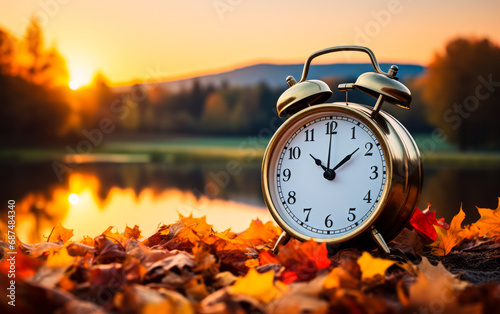 Vintage alarm clock stands among vibrant autumn leaves with the golden sunset over a tranquil countryside landscape in the background