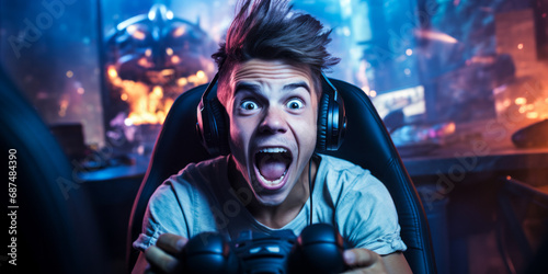 Excited young gamer with intense expression playing video games in a dark room illuminated by screen glow, the epitome of immersive gaming experience photo