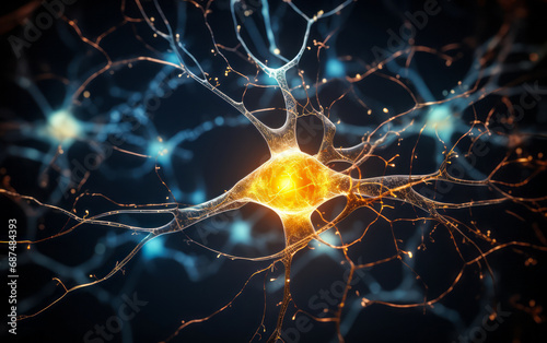 Digital illustration of a neuron cell with detailed dendrites and axon on a dark background, representing neural network activity and brain function