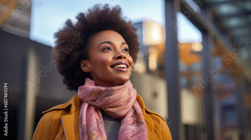 Joyous woman wearing a stylish coat and scarf, looking upward with a smile © VLA Studio