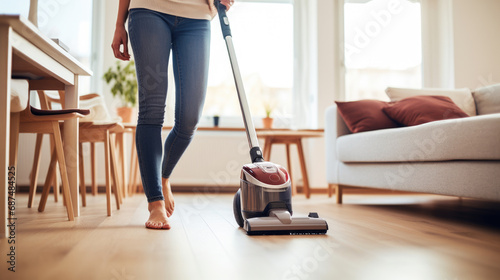 Person using a handheld cordless vacuum cleaner to tidy up the living room, emphasizing domestic cleanliness and modern home maintenance.