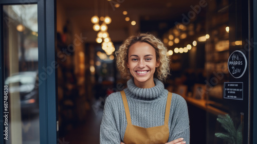 Cheerful woman, cafe owner or employee, standing at the entrance of a small business establishment photo