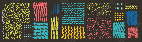 Wavy vector brush stroke set. Doodle scribble hand drawn pattern. Abstract hipster kid background. Watercolor art sea water wave lines decoration. Freehand zig zag children brushstroke collection