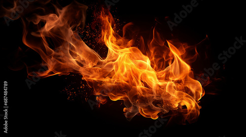 Intense Closeup of Fiery Flames  Burning Spark on Isolated Black Background - Dynamic Ignition and Combustion for Powerful and Vibrant Visuals.