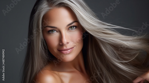Beautiful blonde woman with beautiful curly hairstyle posing in the studio