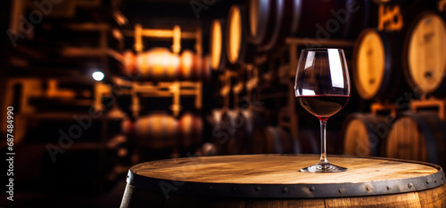 Glass of red wine with a blurred background of cellar  wine-vault with barrels. Generative AI