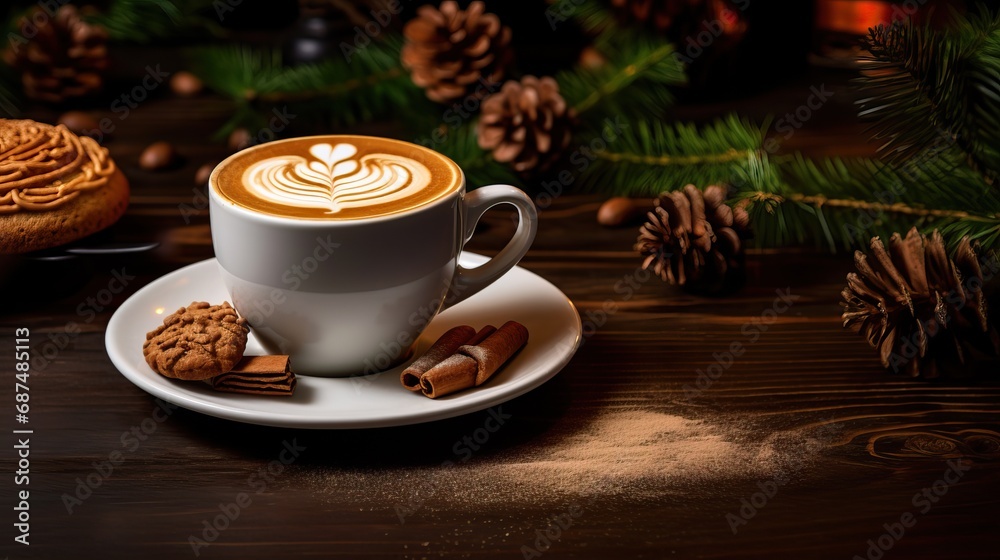 Close up of Latte Art on a Cappuccino in a White Cup Placed on a Dark Wooden Table in a Dark Room Next to some Cinnamon. Close up of Latte Art on a Cappuccino in a White Cup Placed on a Dark Wooden Table in a Dark Room Next to some Cinnamon.
