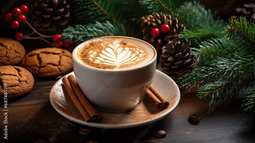 Close up of Latte Art on a Cappuccino in a White Cup Placed on a Dark Wooden Table in a Dark Room Next to some Cinnamon. Close up of Latte Art on a Cappuccino in a White Cup Placed on a Dark Wooden Table in a Dark Room Next to some Cinnamon.