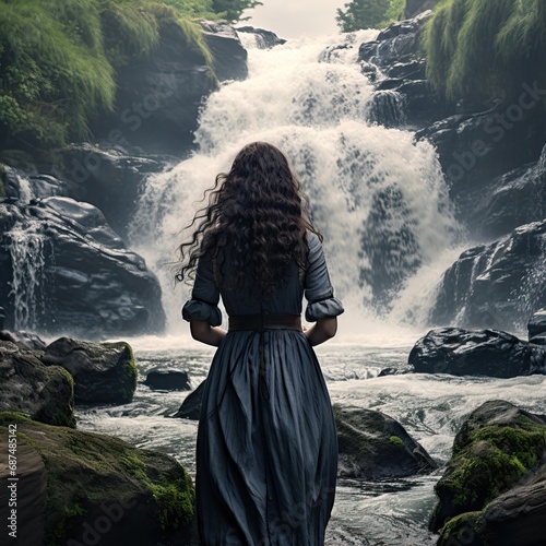 A Photo of a Beautiful Curious and Young Woman From Behind Wearing a Blue Long Dress While being Amazed in Front of a Waterfall in the middle of the Nature. photo