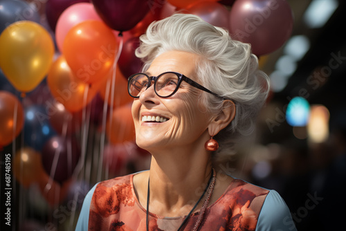 Happy elderly woman in glasses looking at balloons during a party