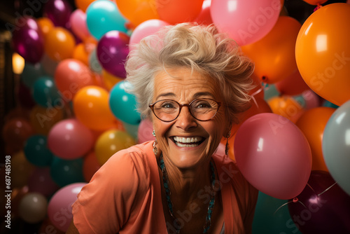 Happy elderly woman in glasses looking at the camera on a background of balloons during a party