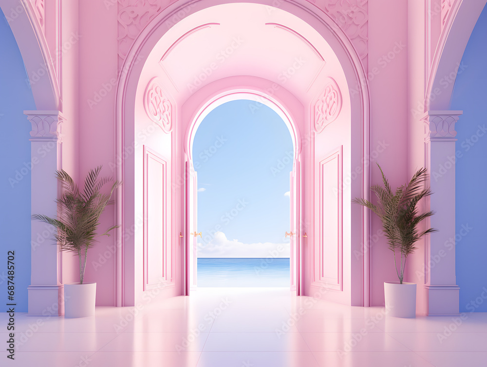 Fototapeta premium 3D render of a pink open door with palm trees modren minimal architecture design