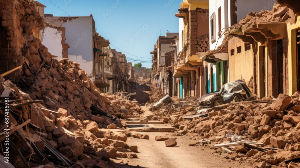 Fototapeta premium Destroyed building that collapsed. Ruined. Catastrophic zone. Earthquake, War.