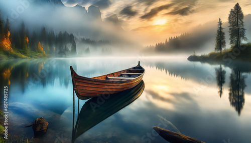 Wooden boat on a lake in the mountains at dawn