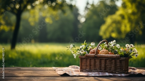 Picnic basket with a checkered tablecloth on green