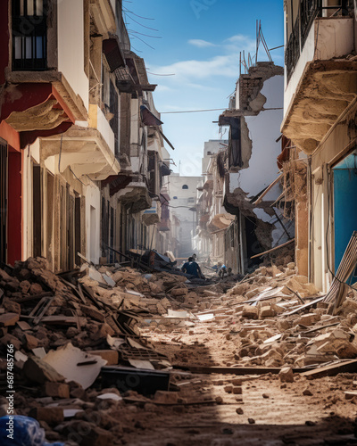 Destroyed building that collapsed. Ruined. Catastrophic zone. Earthquake, War.