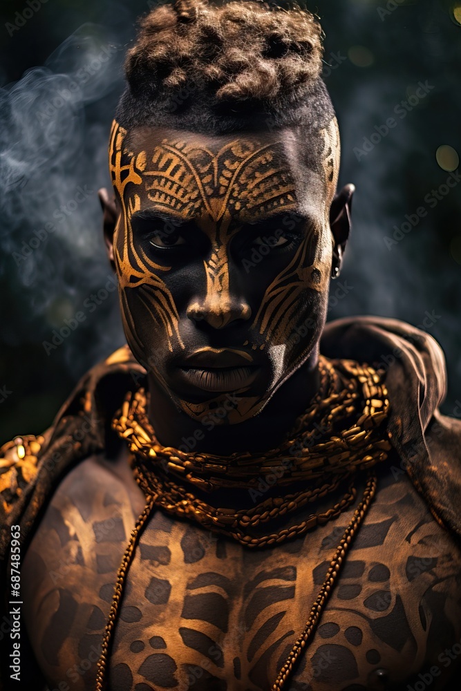 Professional Close- Up of a Dark Skinned Man Without Shirt Showing off his Tattoos of Panther Fur with Colored Smoke Behind Him. Professional Close- Up of a Dark Skinned Man Without Shirt Showing off his Tattoos of Panther Fur with Colored Smoke Behind Him.