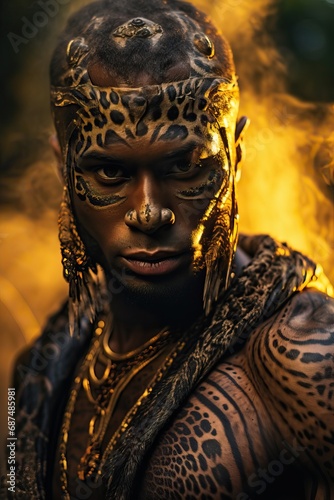 Professional Close- Up of a Dark Skinned Man Without Shirt Showing off his Tattoos of Panther Fur with Colored Smoke Behind Him. © Boss