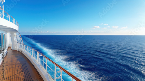 Teak bow deck of a large luxury motor yacht out at sea with a tropical ocean view background