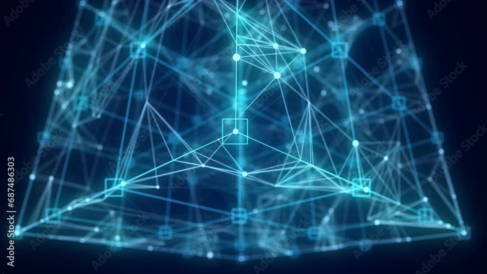 Space futuristic cube. Network connection structure cyberspace with moving particles and lines. Blockchain blue cube. Big data visualization. Abstract cyber security background. 3D rendering.