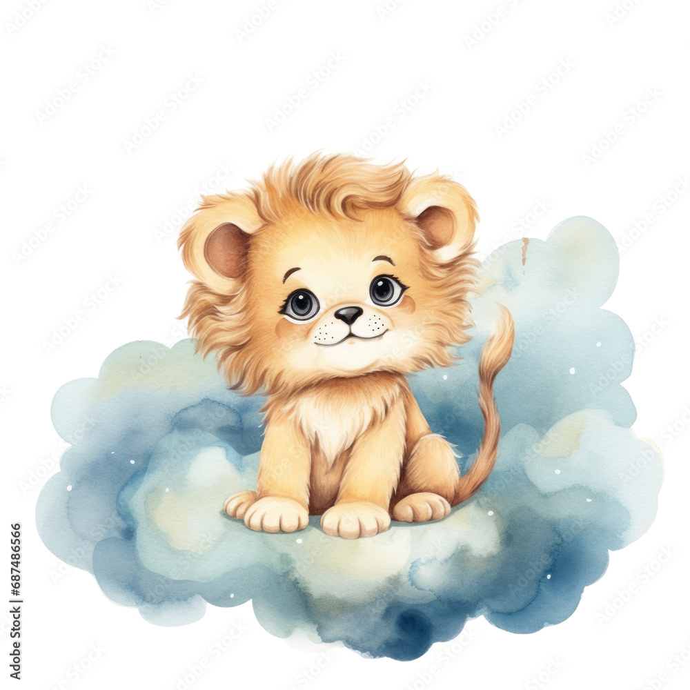 Cute lion on cloud, watercolor illustration, png Cute lion on cloud, watercolor illustration, png